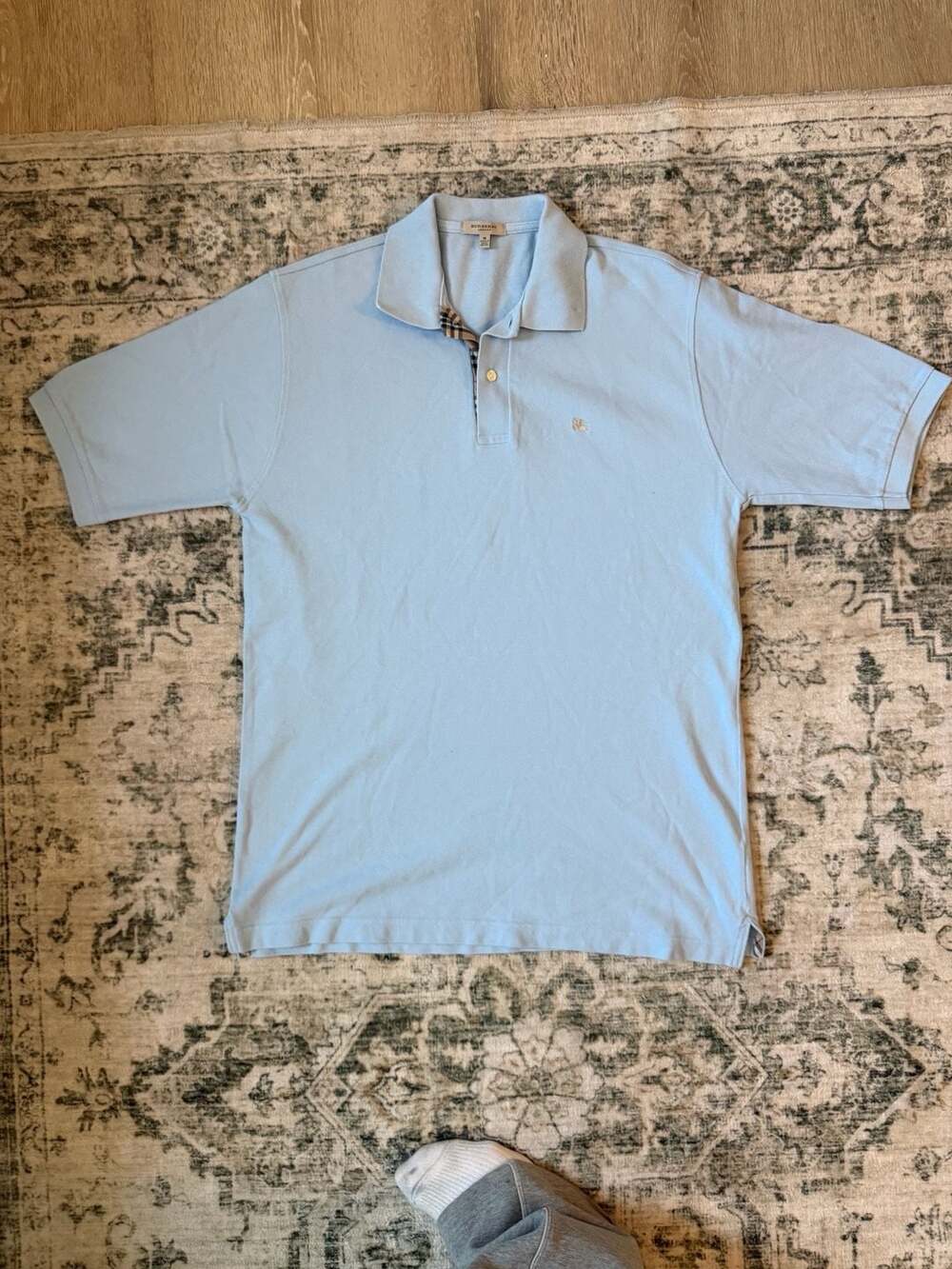 Burberry London Polo Shirt Size M Light Blue Check Trim